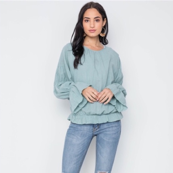 Boho Mint Ruffle Long Sleeved Blouse - Picture 1 of 5